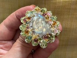 📌 UNIKAT 20cts Labradorite Carving & Tourmalines SS925 Ring