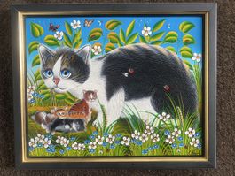 GEMÄLDE STAUB ERICH CH  DIE KATZENFAMILIE IN FRÜHLINGSWIESE
