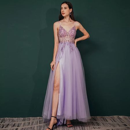 Ballkleid lila lang Träger bestickt Grösse S neuwertig