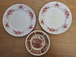 3 Teller mit Rosenmuster und Schiffsmotiv, Vintage! Selfmann