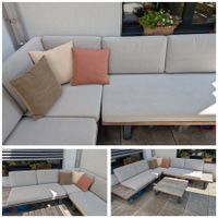 Ecksofa / Garten Lounge (Holz, Metall, graue Sitzauflagen)