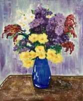 Ölgemälde Blumenstrauss in blauer Vase, neuwertig