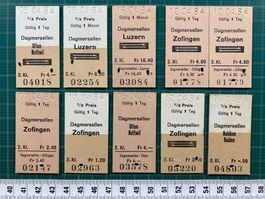 Ab Dagmersellen, 10 entwertete Edmondsonsche Bahn Billette