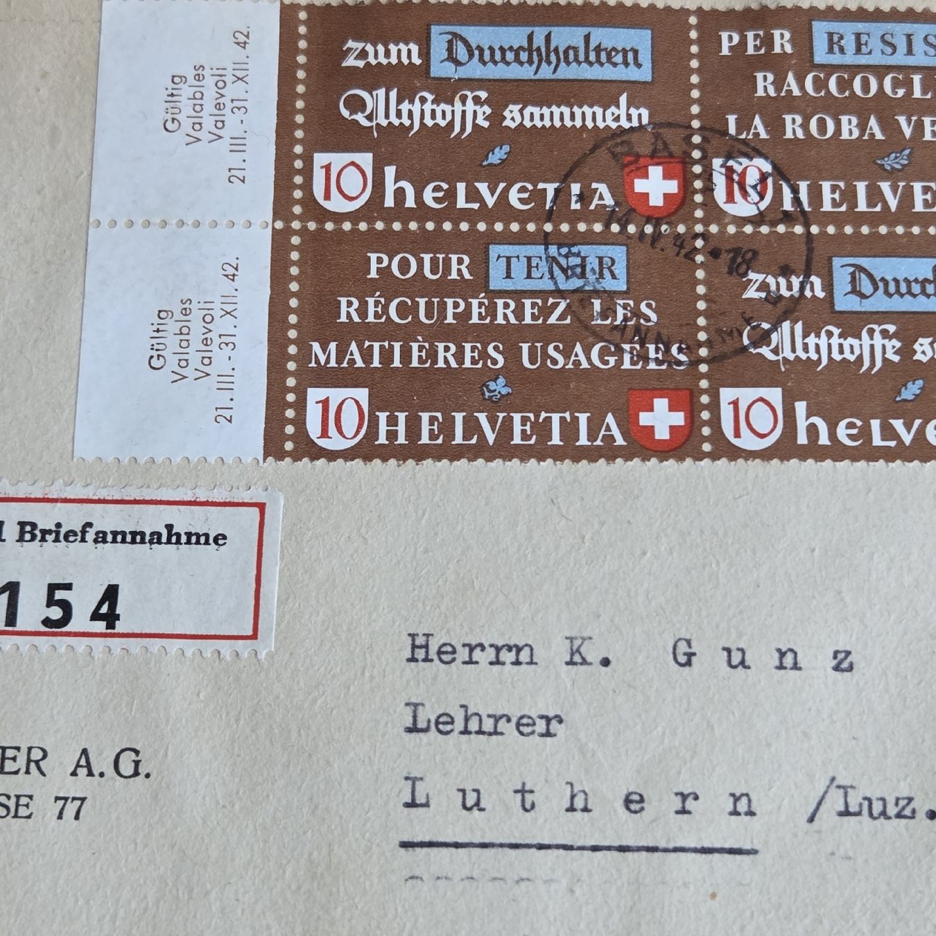 Tutti i francobolli: Brief 1942 Altstoffverwertung Satz – Usato da Stans venduto da Ducati16 3