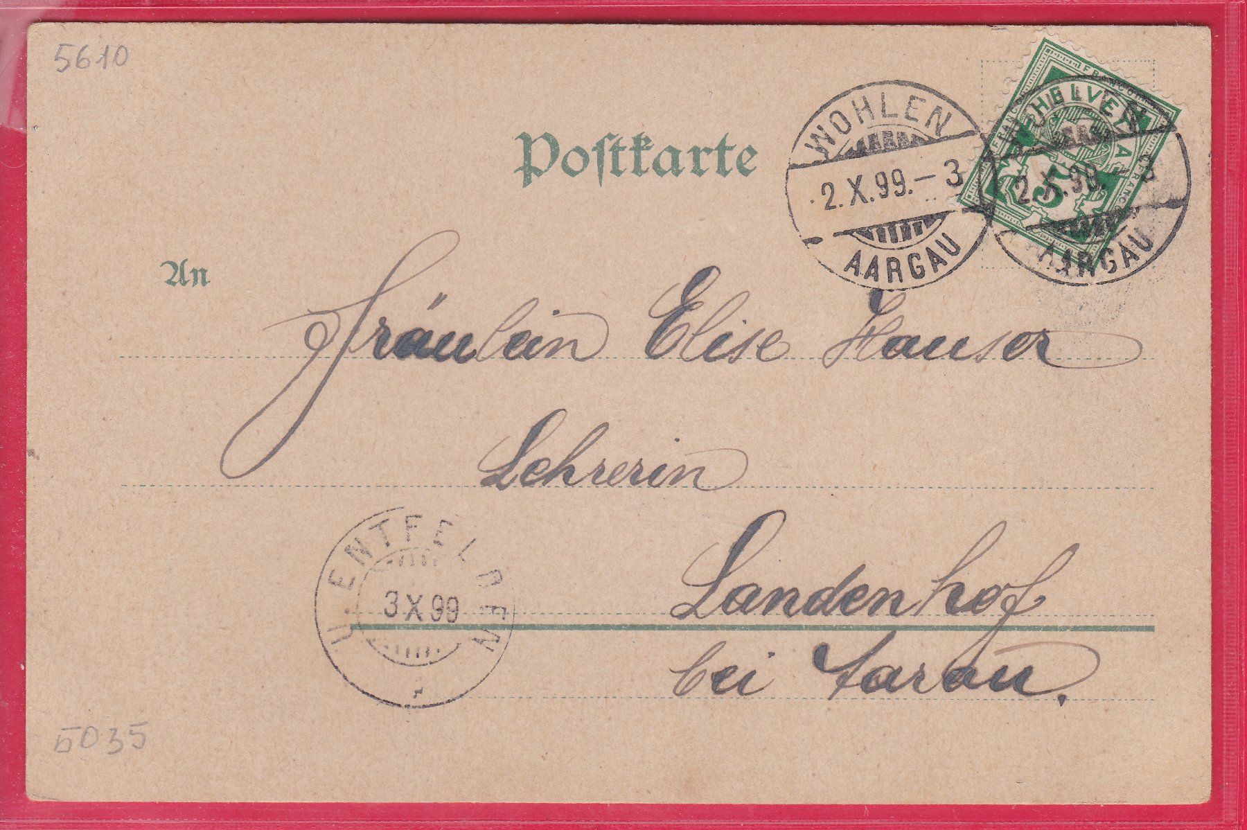 Ansichtskarten: BESTEN GRUSS - AUS WOHLEN, 2.10.1899 – Gebraucht aus Oberrieden von Gebirgsstelze 1