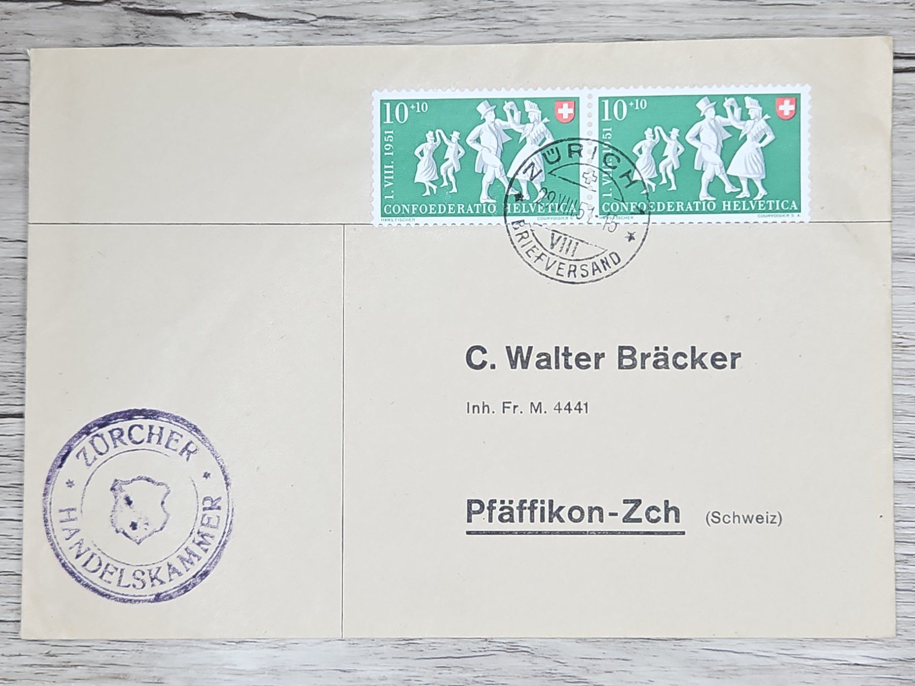 Tutti i francobolli: CL02 Enveloppe + Timbre Suisse 1951 – Usato da Cousset venduto da Patrick_Collections