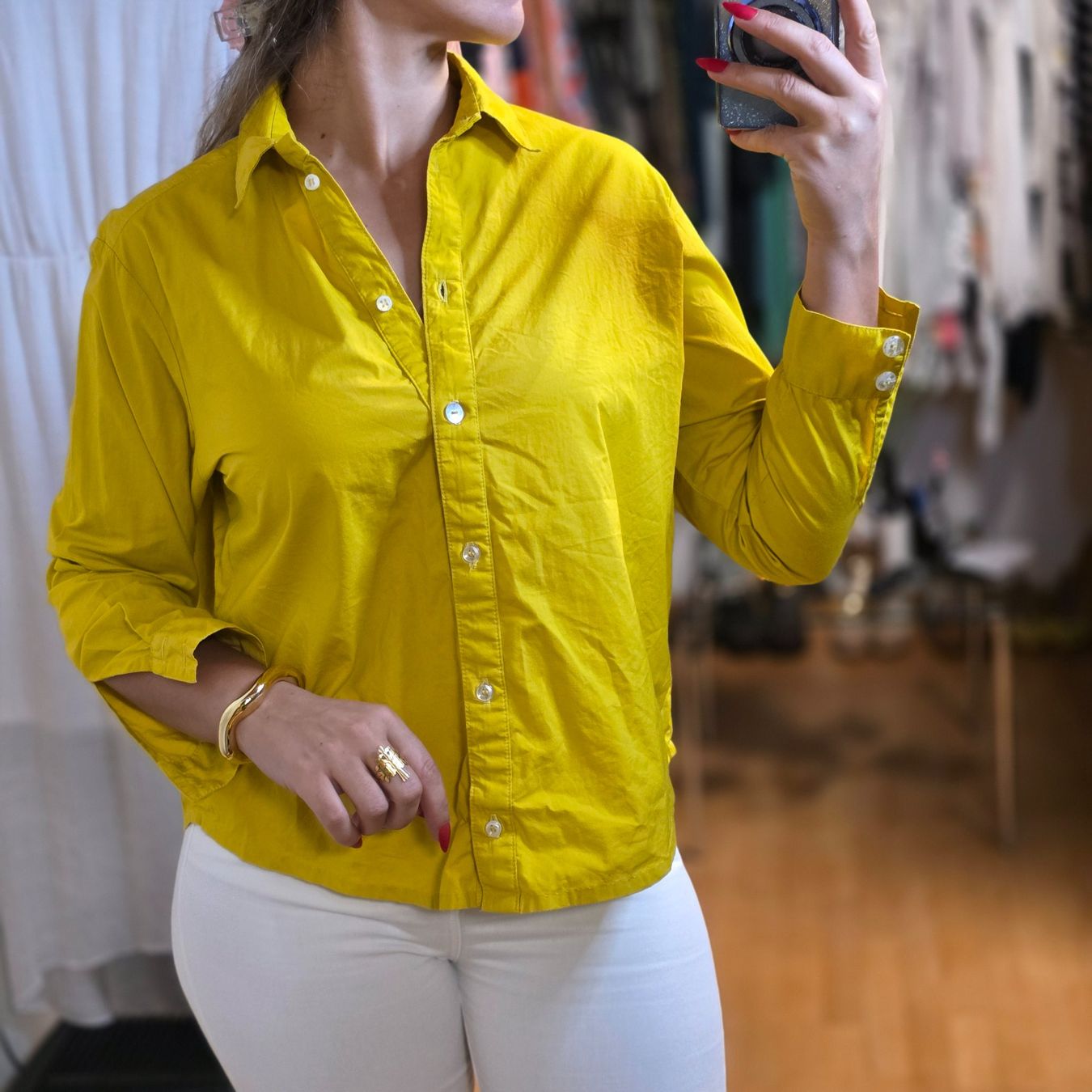 Camicette: Acid Yellow Baumwollbluse Statement Hemd Gr. L – Usato da Wald ZH venduto da CapLux 1