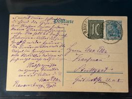PK mit Zusatzfrankatur 1921; Ravensburg nach Stuttgart