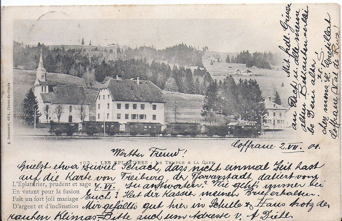 Cartoline postali: LES EPLATURES, le train vers l'église – Usato da Les Verrières venduto da Scampi0