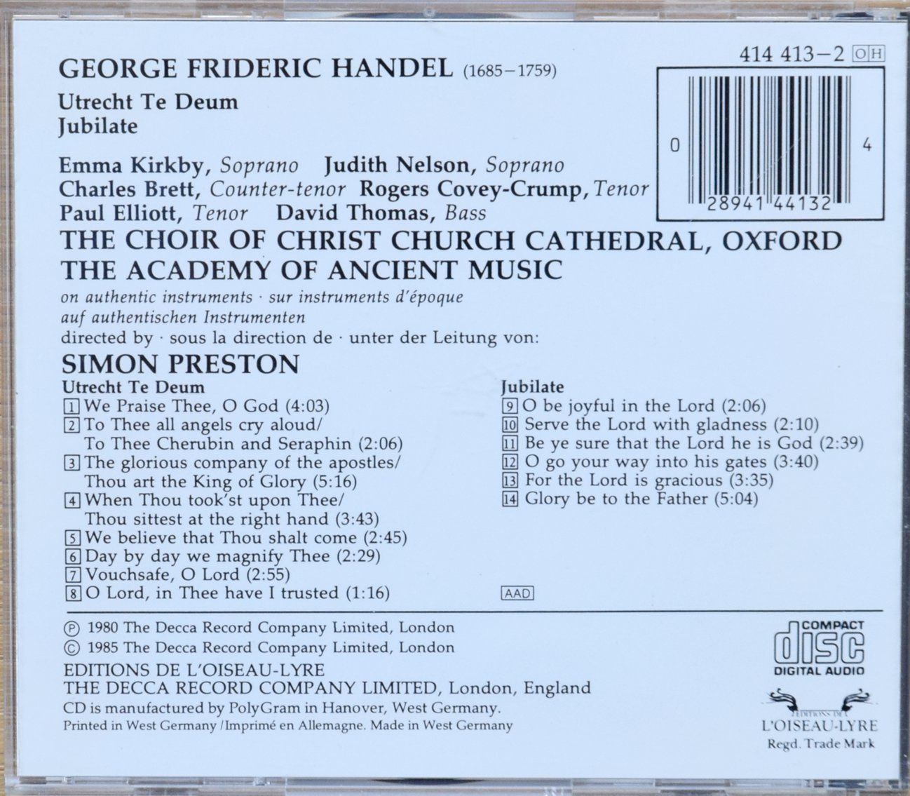 CDs: Händel - Utrecht Te Deum Jubilate - Simon Preston - CD – Gebraucht aus Niederhelfenschwil von Rol9527 1