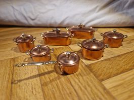 Miniatur Kupfer Kochtopf Set, Puppenküche,Top Zustand!