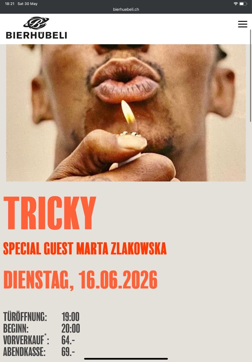 Biglietti: TRICKY @ BIERHUBLI 16.06.2026 – Nuovo e nell'imballaggio originale da Fribourg venduto da jimiJ13