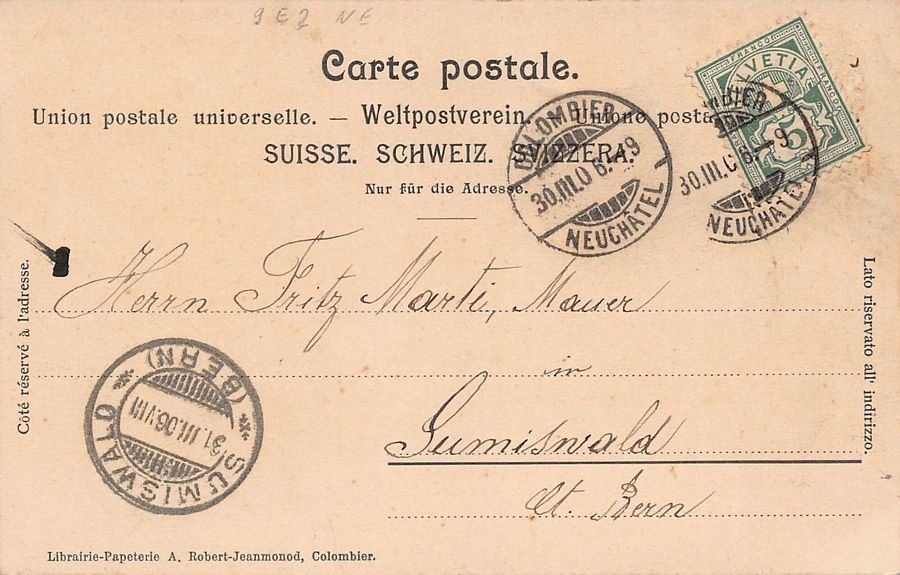 Cartes postales: Château de Colombier, colorée, circulée 1906 – D'occasion à Frauenfeld par POML 1