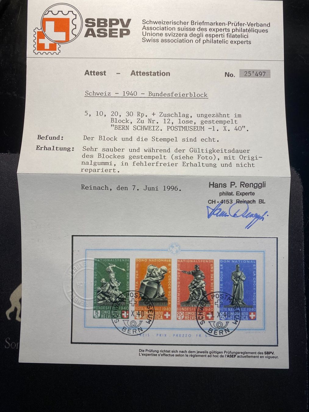 Tutti i francobolli: 1940 / Budesfeierblock Pro Patria /  Postmuseum + Attest – Nuovo (secondo la descrizione) da Grand-Lancy venduto da Dany1973 1