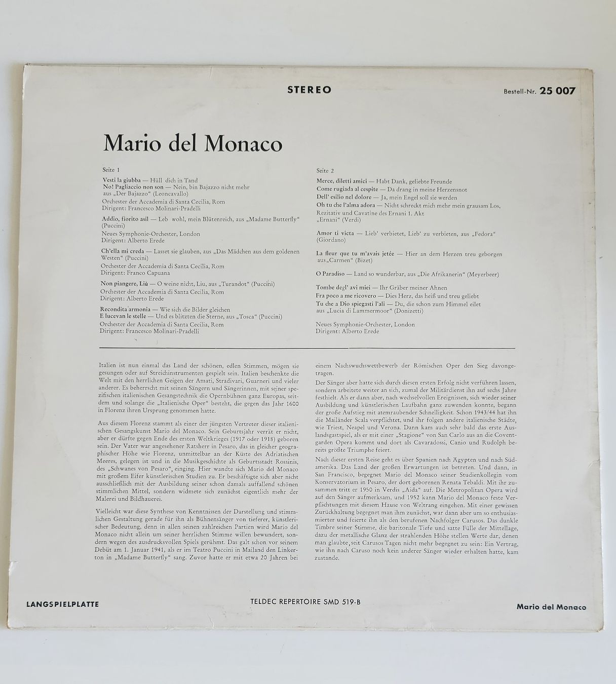 Dischi in vinile: Schallplatte, Mario del Monaco – Usato da Basel venduto da MichelFa 1