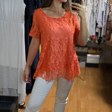 Lachsfarbene Bluse XL mit Spitze & Viskose 🌸