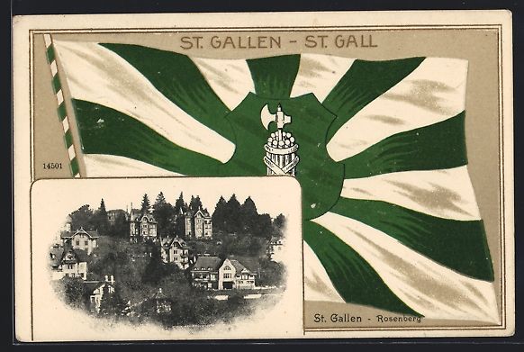 Cartoline postali: Präge-AK St. Gallen-Rosenberg, Flagge m – Usato da Berlin venduto da bartko-reher