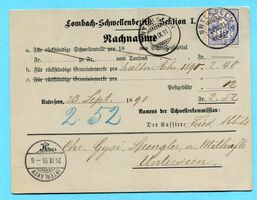 Nachnahme Unterseen 1891 - Abs: Lombach-Schwellenbezirk