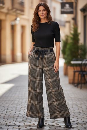 Damen elegante Stoff Hose mit Schleife kariert s m l