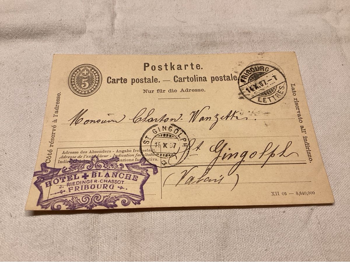 Ansichtskarten: Fribourg hôtel + blanche 1907 – Gebraucht aus Luc (Ayent) von Rebouille