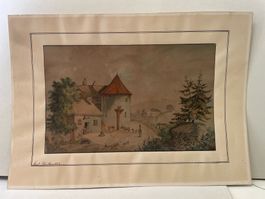 Aquarell Karl Pfändler Kleinstadt mit Rundturm und Pranger