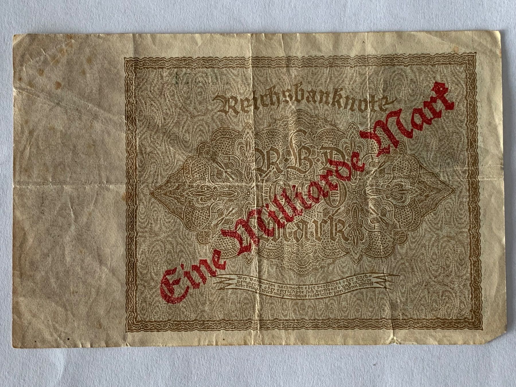 Banknoten: Reichsbanknote 1 Milliarde Mark 1922 – Gebraucht aus Niederrohrdorf von troch 1