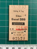 Eiken - Basel SBB, altes Bahn Billett, korrigierter Preis