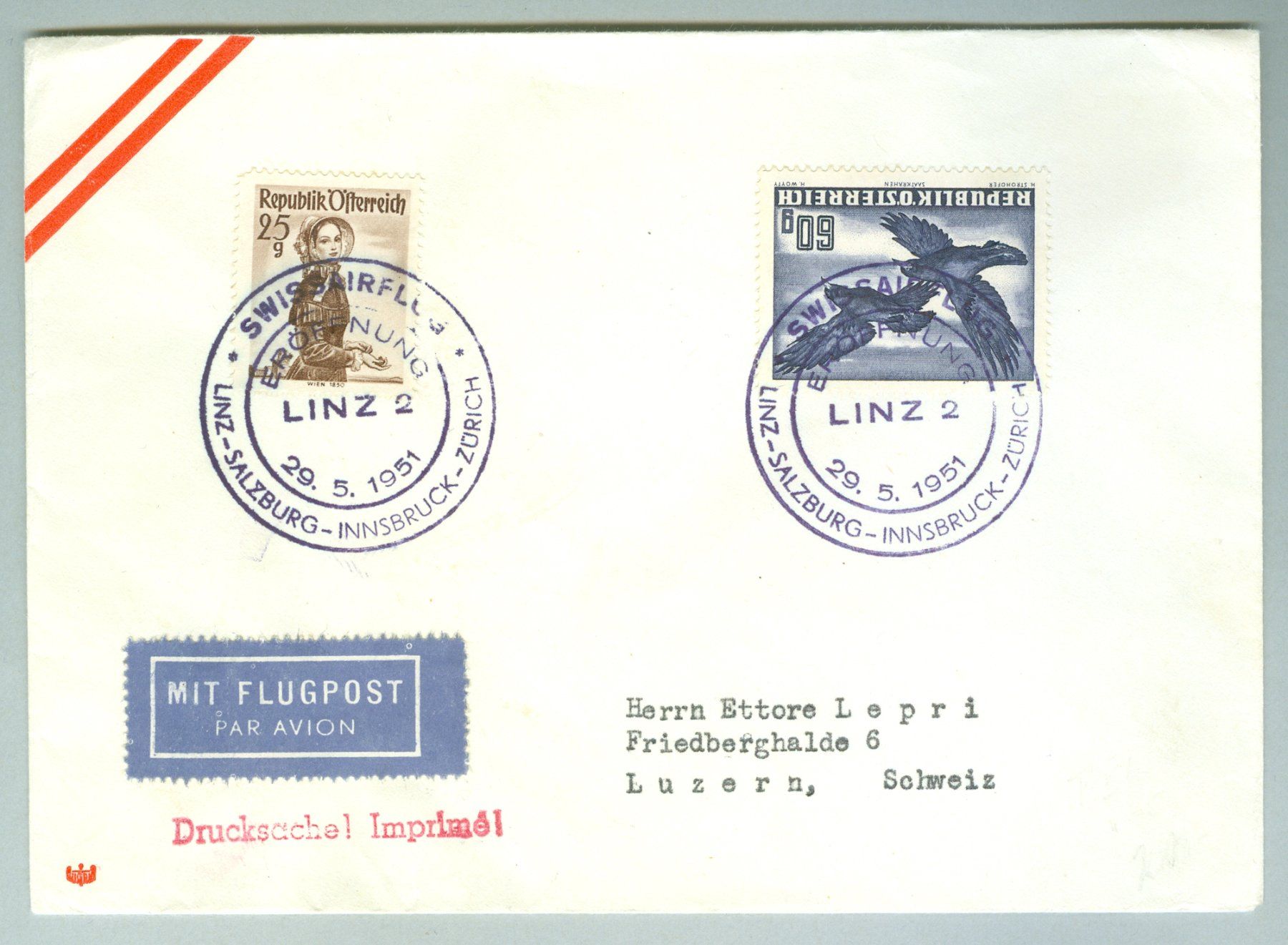 Alle Briefmarken: 1951 Österreich Flugpost RF – Gebraucht aus Zürich von yago-rot