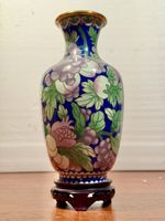 Vintage Cloisonné Vase with Wooden Stand - Floral Design