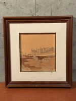 vintage mid-century marquetry wood signed wall art piece