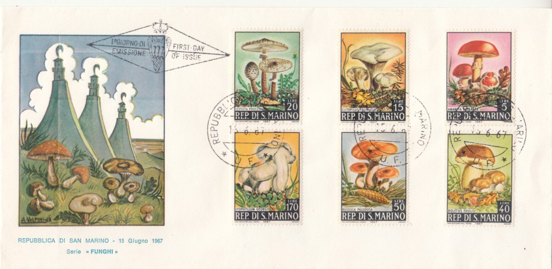 Tutti i francobolli: San Marino, Serie Funghi 1967 FDC – Usato da Bürglen TG venduto da StampGraf