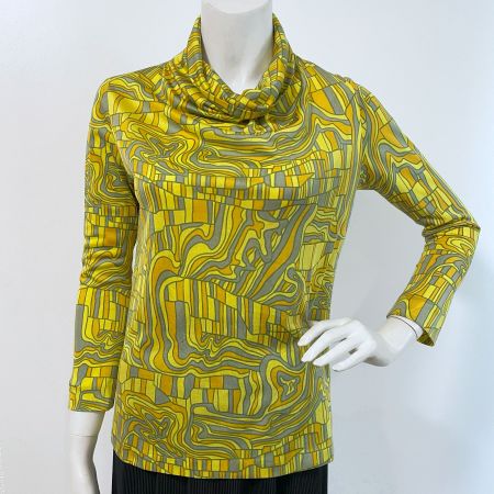 Top Seide lA WALTER GROSS XS/S abstrakt gelb-oliv 1970s