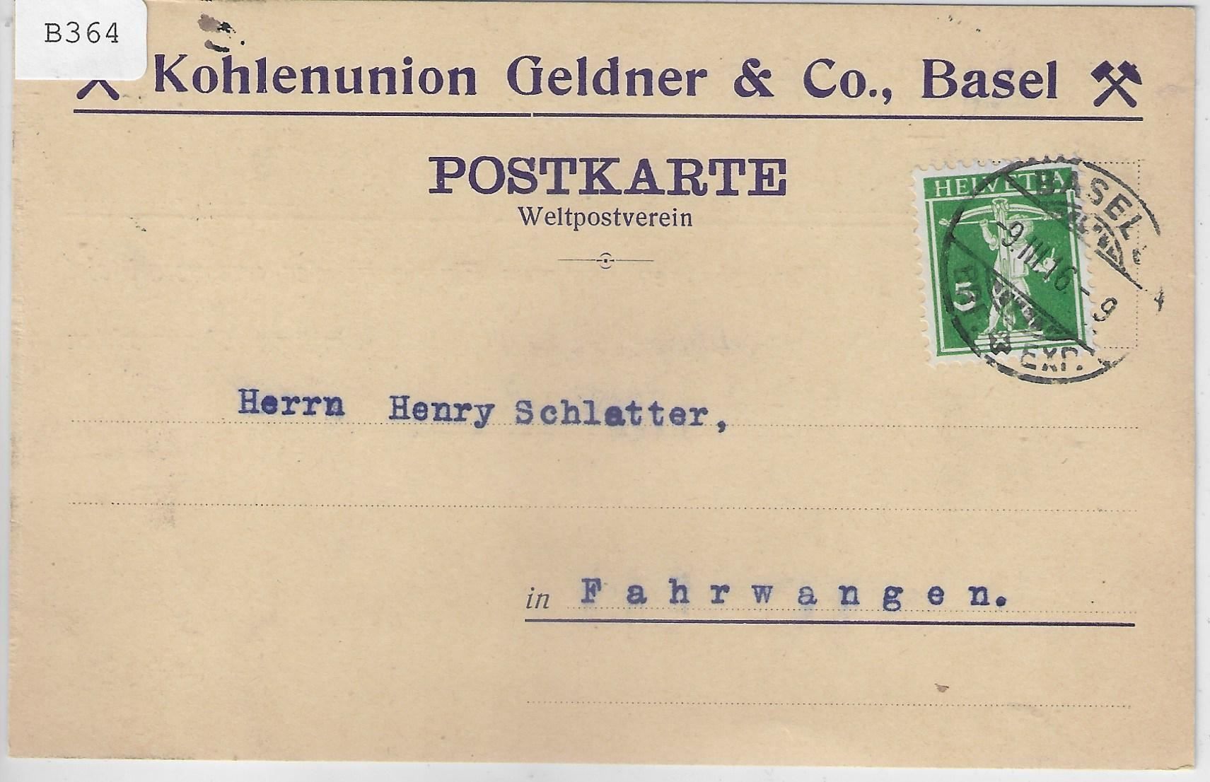 Tutti i francobolli: Postkarte 125III Mi. 113III Basel 9.3.16 – Antico da Ettingen venduto da Kartenplanet