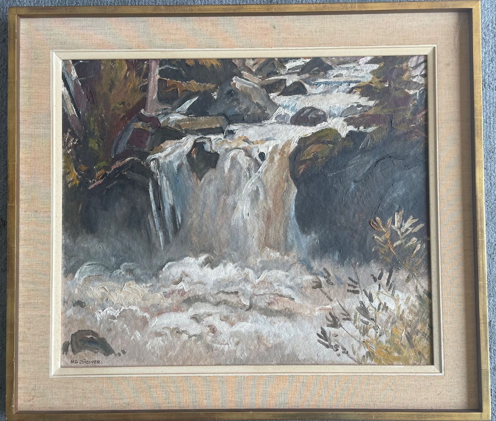 Dipinti: Hans Zürcher, Wasserfall Turtmanback, 58x70cm – Usato da Zürich venduto da scubagalli
