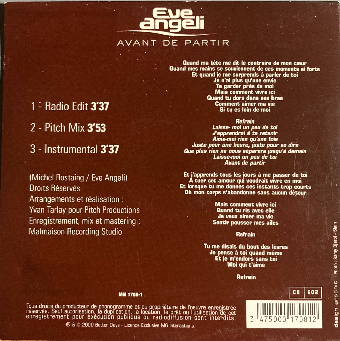 CD: EVE ANGELI - AVANT DE PARTIR – Usato da Poliez-Pittet venduto da Newtown-Records 1