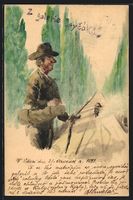 Handgemalt: Wanderer auf einer Allee, in