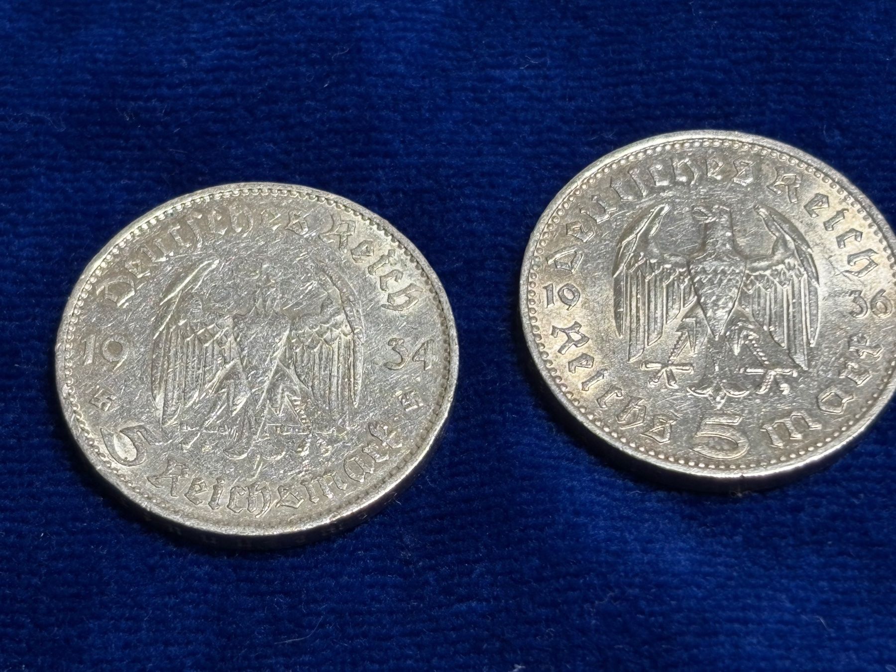 Tutti le monete: 2 x 5 deutsche Reichsmark, einmal 1934 und einmal 1936 – Usato da St. Peterzell venduto da verena40 1