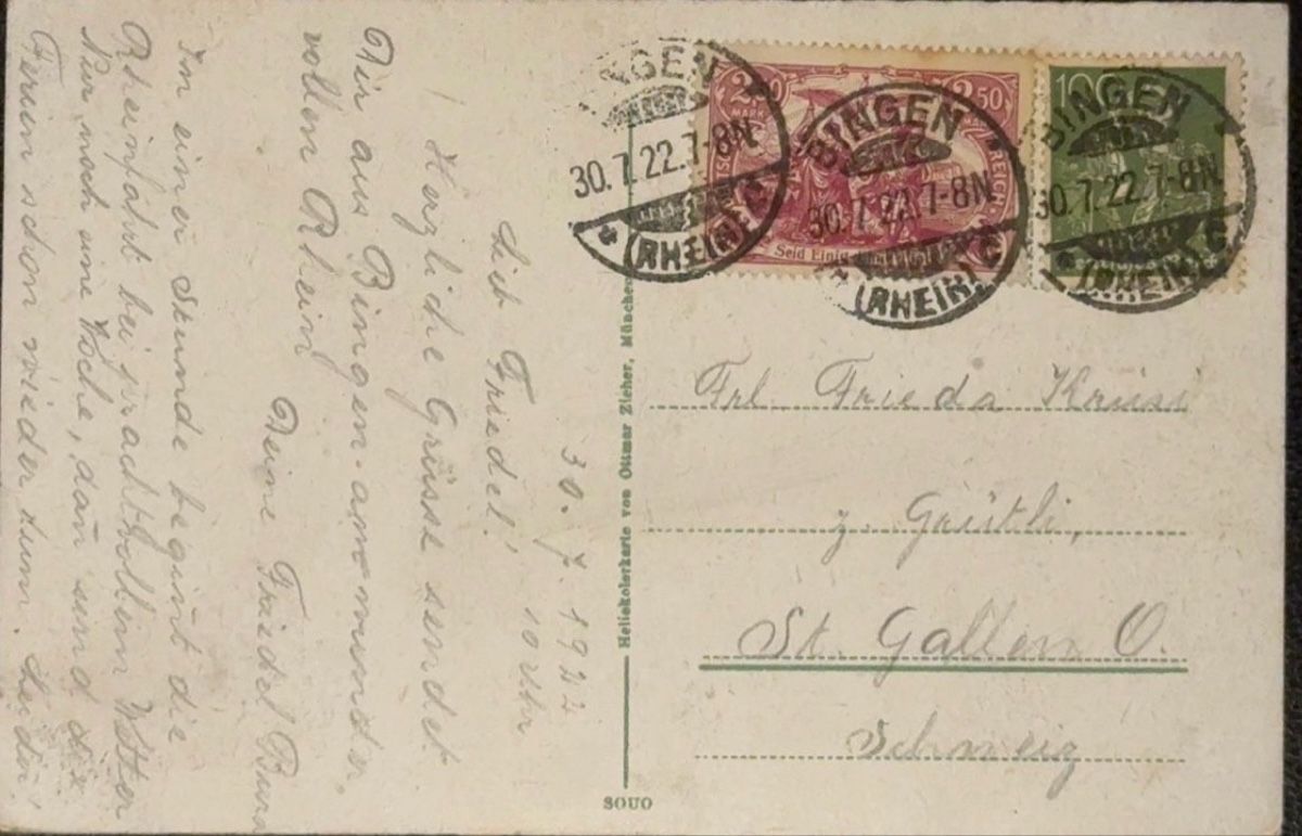 Cartoline postali: Ansichtskarte Bingen.a.Rh., 30.7.1922 – Usato da birsfelden venduto da tim0444