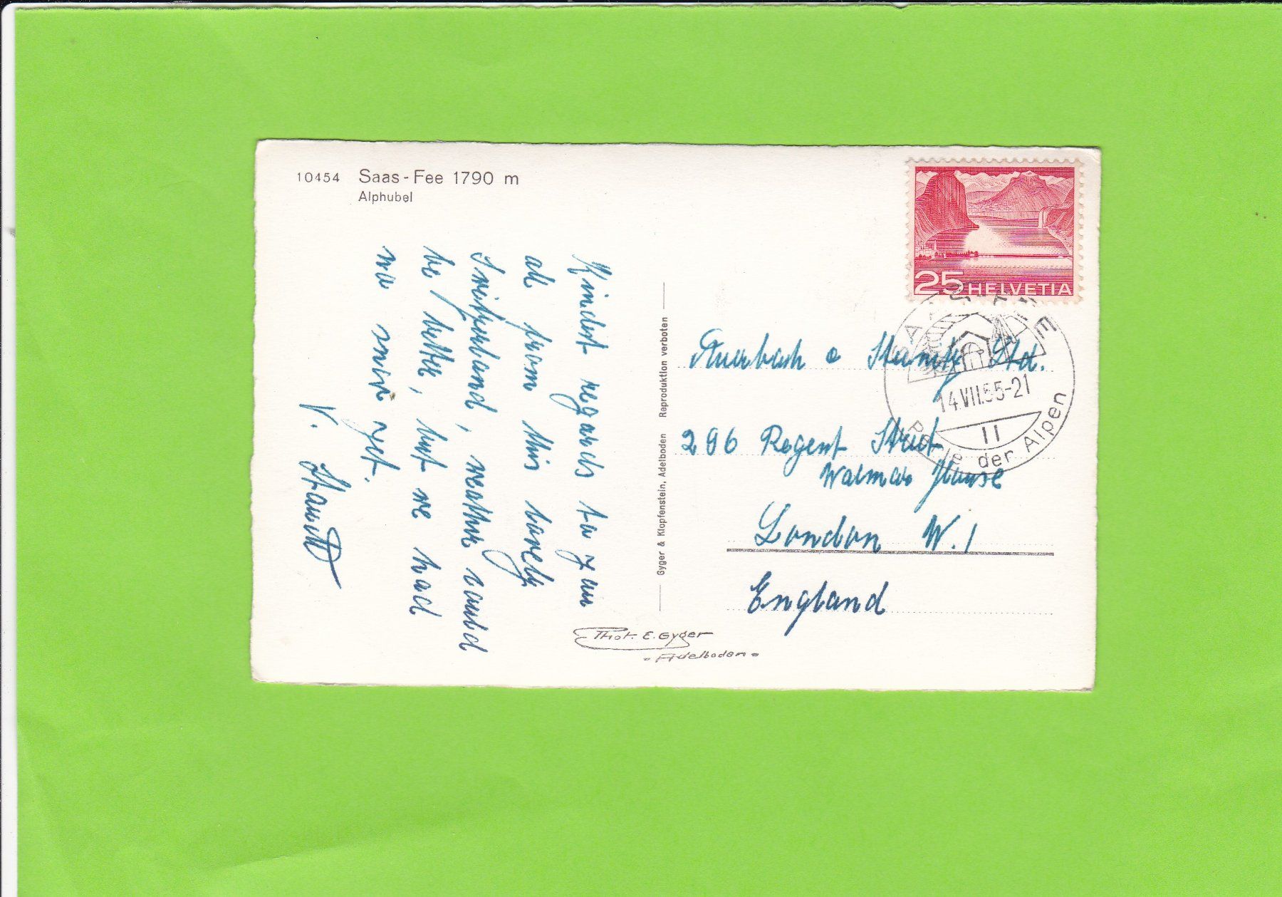 Cartoline postali: 10454 Saas-Fee, E. Gyger – Usato da St. Peterzell venduto da neckertal 1