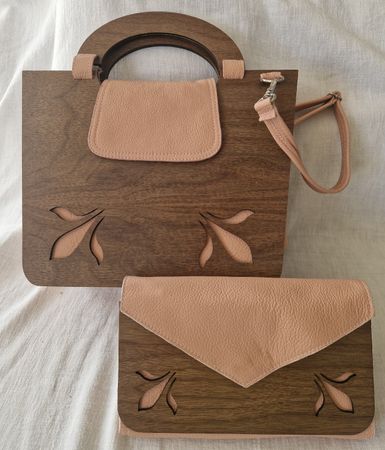 Designer-Set: Walnuss-Echtholz & Leder – Puder-Rosa – NEU