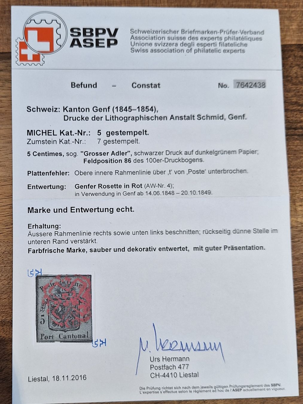 Tutti i francobolli: Nr. 7 Dunkelgrüner Adler Kat. 4000.- – Usato da Balgach venduto da SIMEON27 1
