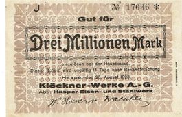 Haspe 3 Mil.Mark Serie J 20.08.1923 VZ+-VZ++ Nr.2