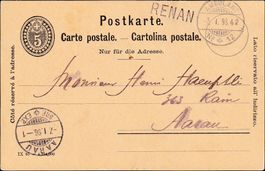 1896: 5 Rp. amtl. Ganzsache-PK, mit Stabstempel RENAN (BE)