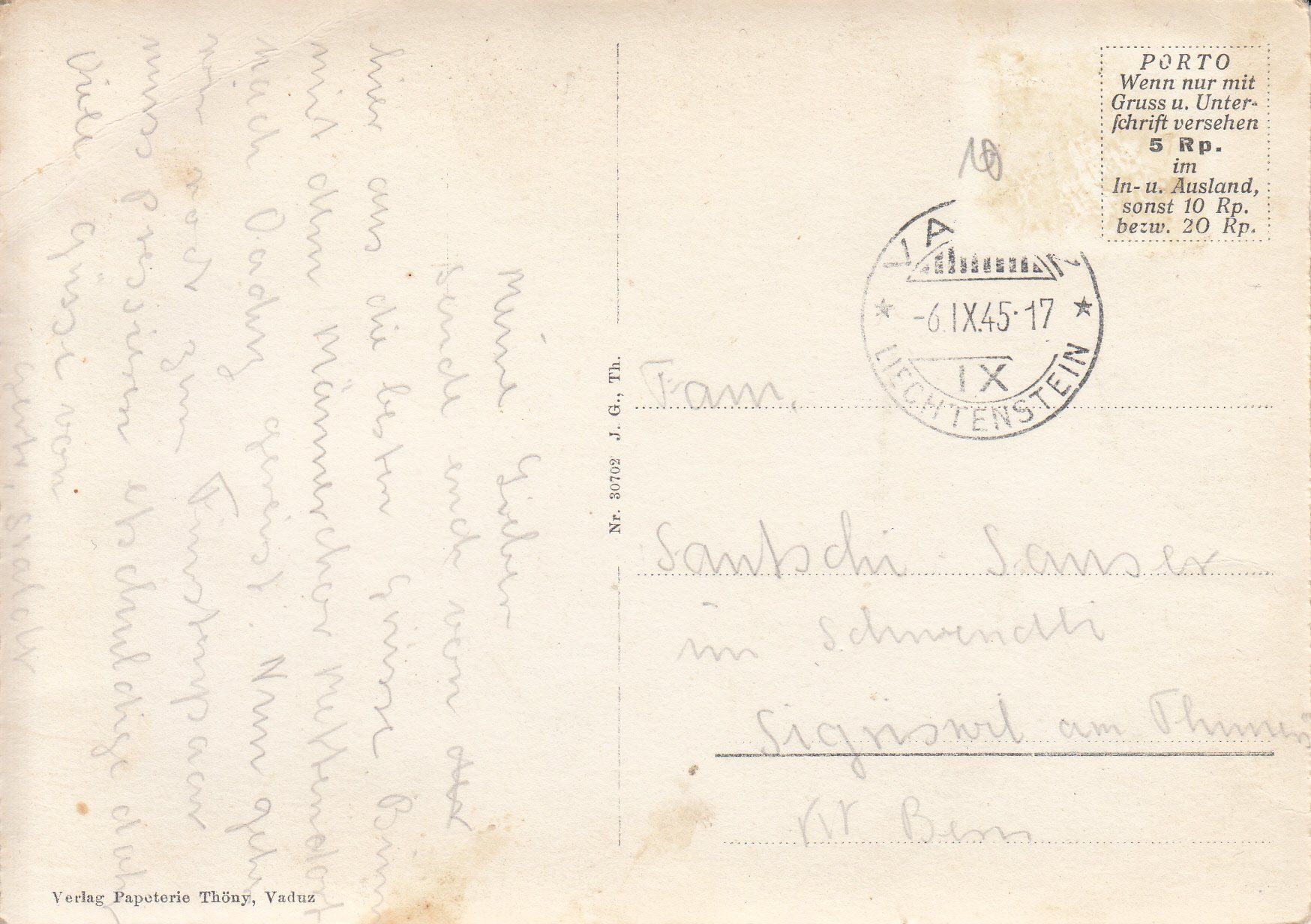 Cartoline postali: Vaduz 1945 – Usato da Bürglen TG venduto da StampGraf 1