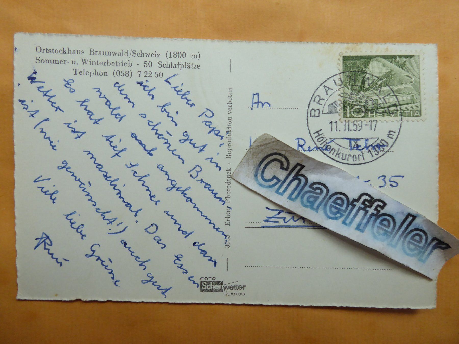 Cartoline postali: 1959 Ortstockhaus, Braunwald – Usato da Zürich venduto da Chaeffeler 1
