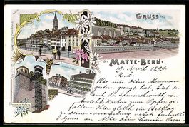 Lithographie Bern, Gruss aus der Matte, Schulhäuser, Persone
