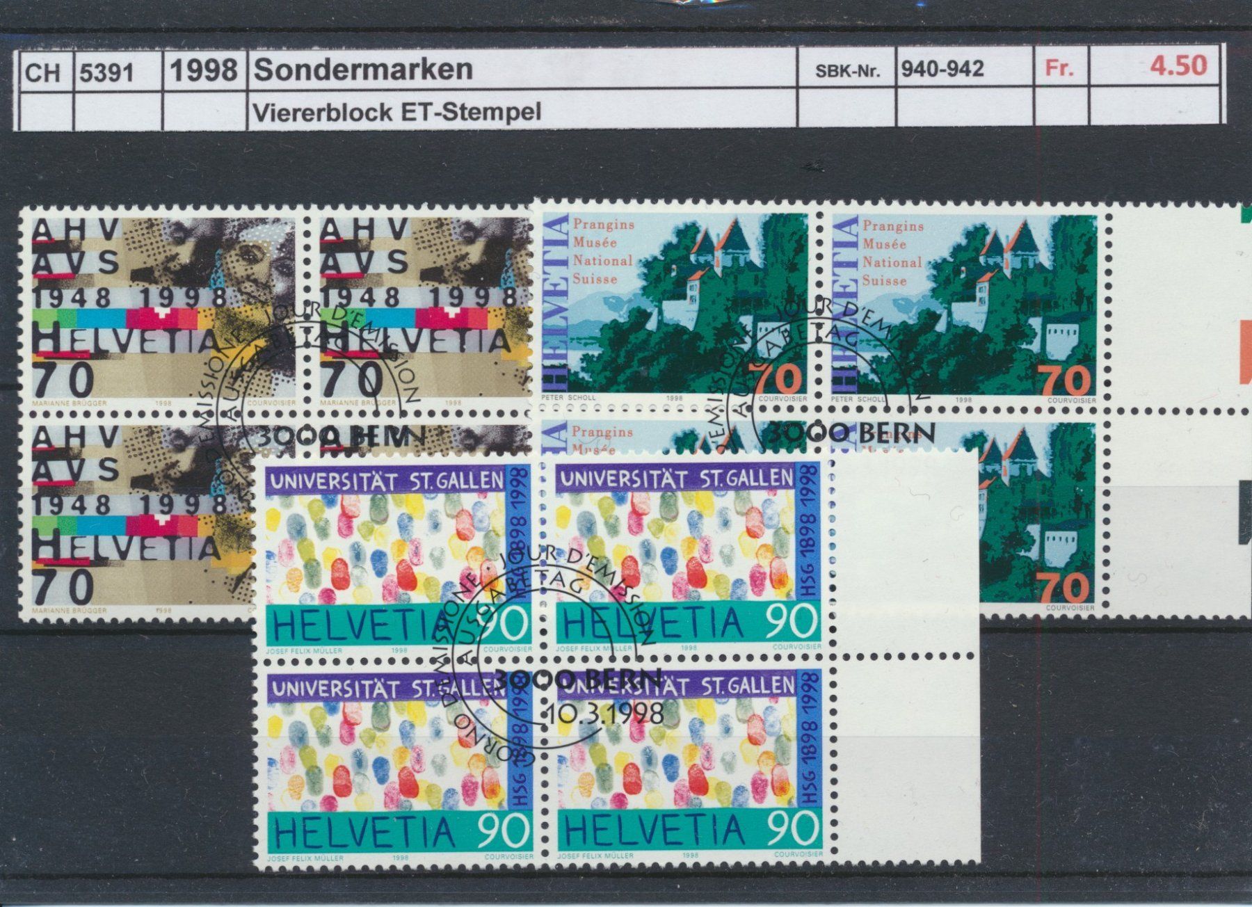 Alle Briefmarken: 1998 "Sondermarken", Viererblock, ET – Gebraucht aus Winterthur von Zupogeru