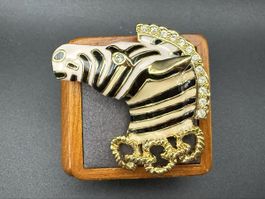 Vintage Zebra Brosche mit Strasssteinen, Goldfarbe+Schwarz