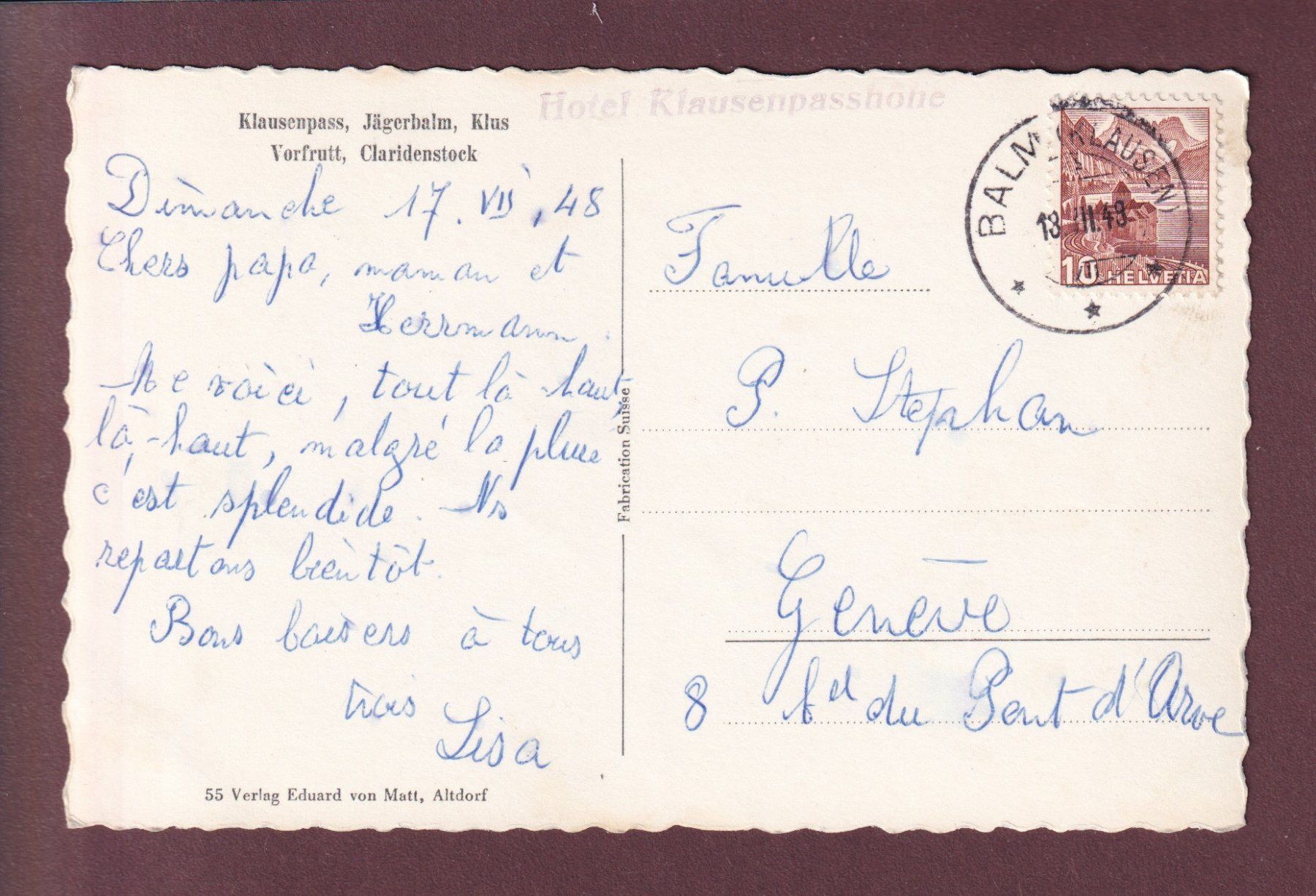 Cartoline postali: KLAUSENPASS - Jägerbalm - Kühe - 1948 – Usato da Pully venduto da nicecards 1