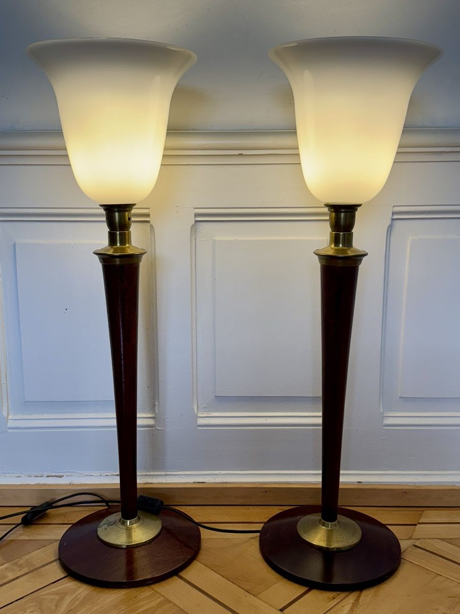 Lampade: Mazda Stehlampen - Set Holz / Messing / Opal Glas - Art Déco – Usato da Zürich venduto da Nobs1 2